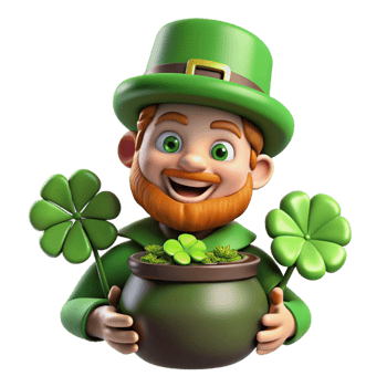 impressive minimalist A mischievous Leprechaun with a pot of gold, hiding amongst a patch of four-leaf clovers, dappled sunlight, Irish folklore art style 4K png
