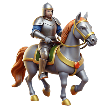 dramatic modern A lone knight in shining armor, riding a valiant steed, through a misty forest, lit by shafts of sunlight. Pre-Raphaelite style high resolution png