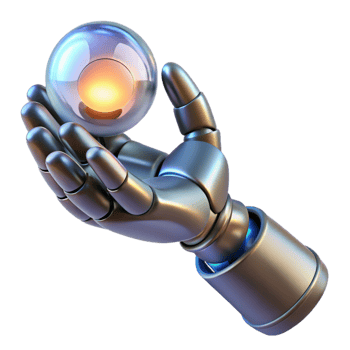 dramatic abstract A chrome robotic hand delicately holding a glowing orb of data, light sourced from the orb creating dramatic shadows, cyberpunk style high resolution png