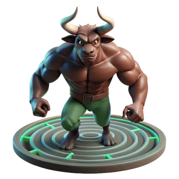 impressive classic A powerful minotaur, muscles rippling, standing in a dimly lit labyrinth, a single shaft of light illuminating its face, in a dramatic, chiaroscuro style high resolution png