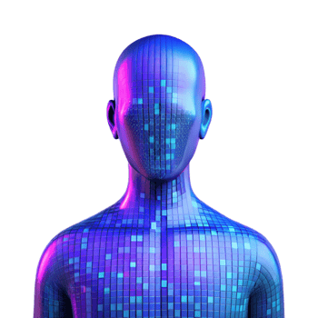 elegant creative A human silhouette merging with digital code, bright blue and purple hues, abstract art style exclusive png