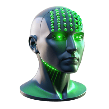 stunning minimalist A transparent human head filled with binary code, neon green light, futuristic style high quality png