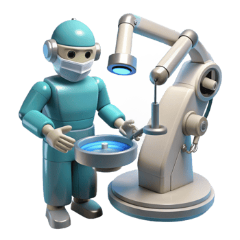 serene classic A robotic surgeon performing a delicate operation, sterile white light, medical illustration style high resolution png