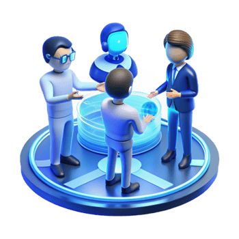 serene vintage A group of people interacting with a holographic interface, blue and white light, futuristic style original png