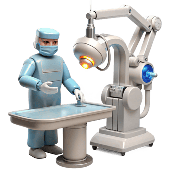 dramatic minimalist A robotic surgeon performing a delicate operation, bright white lighting, photorealistic style high resolution png