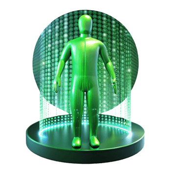 wonderful contemporary A stream of binary code flowing through a transparent human figure, neon green light, futuristic style high quality png