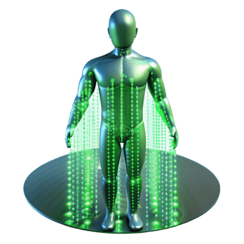 vibrant creative A stream of binary code flowing through a transparent human figure, neon green light, futuristic style authentic png