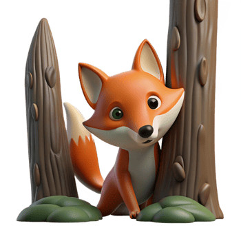 serene modern A cunning fox peering out from behind a tree, forest setting, dim lighting, mysterious style, professional png