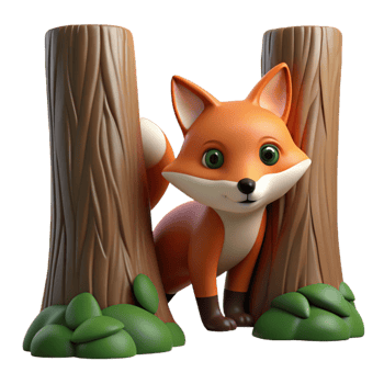 impressive minimalist A cunning fox peering out from behind a tree, forest setting, dim lighting, mysterious style, exclusive png