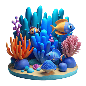 wonderful minimalist A vibrant coral reef teeming with fish, underwater scene, blue lighting, vibrant style, detailed png
