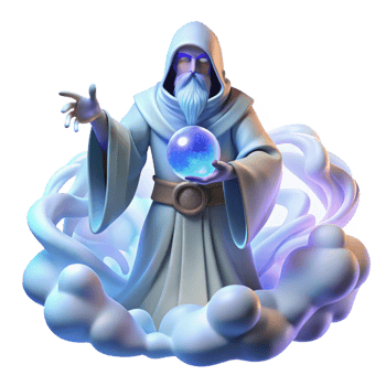 serene contemporary A wise, ancient oracle with flowing white robes and a crystal ball, surrounded by swirling mists, lit by an ethereal blue light. Fantasy style high quality png