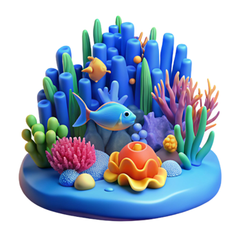 beautiful modern A vibrant coral reef teeming with fish, underwater scene, blue lighting, vibrant style, original png