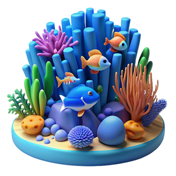 vibrant contemporary A vibrant coral reef teeming with fish, underwater scene, blue lighting, vibrant style, authentic png