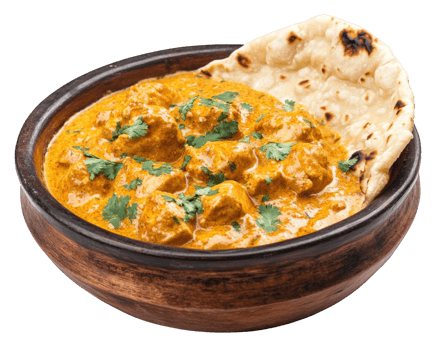 Creamy butter chicken curry served with naan bread, garnished with fresh cilantro. delicious and comforting dish perfect for any meal png