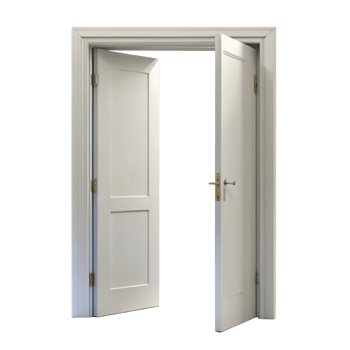 Pair of White Interior Doors Open Slightly Revealing a Dark Background png