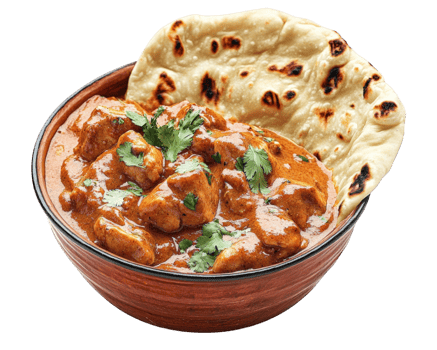 Creamy butter chicken curry served with naan bread, garnished with fresh cilantro, offers rich and flavorful dining experience png