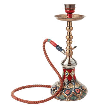 Ornate Colorful Hookah with Intricate Design and Wooden Hose png