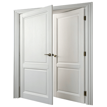 Elegant White Double Door Interior Design with Classic Paneling and Brass Hardware png