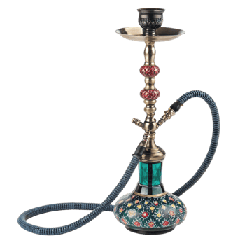 Ornate and Elegant Hookah with Teal and Floral Base and Brass Accents png