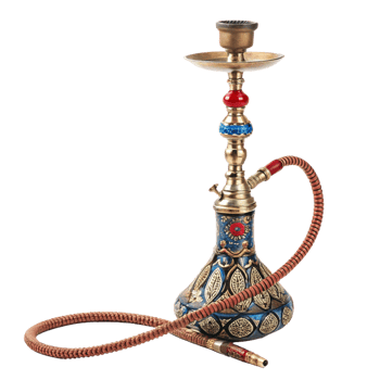 Ornate and Elegant Hookah with Intricate Blue and Gold Design and Brown Hose png