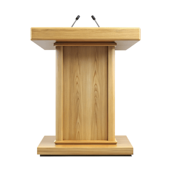 Elegant Light Brown Wooden Podium with Two Microphones for Presentations and Speeches png
