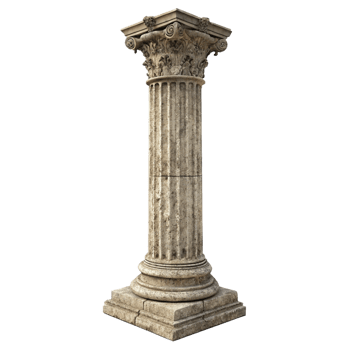 A weathered stone column with intricate Corinthian capital and square base isolated on black background png