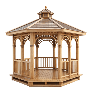 Beautiful Wooden Octagonal Gazebo with Shingle Roof and Arch Details for Garden or Backyard png