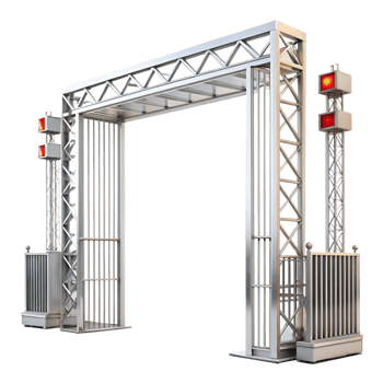 Modern Metal Entrance Archway with Red Lights and Steel Gate png