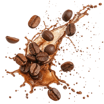 Coffee Beans Splashing and Flying in Air, Brown Liquid Explosion png