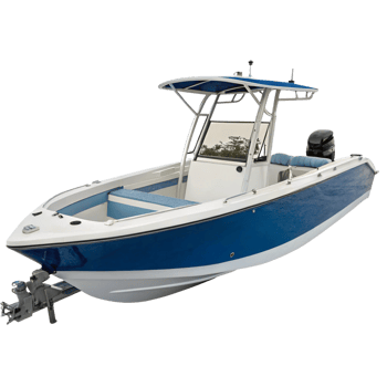 Blue and White Center Console Boat with TTop and Outboard Motor png