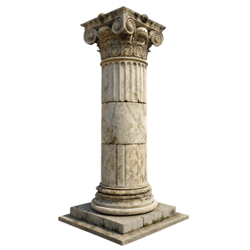 Ancient Greek style stone column with weathered capital and base on a square pedestal png