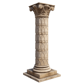 Ancient Roman Style Stone Column with Intricate Carvings on a Square Base png
