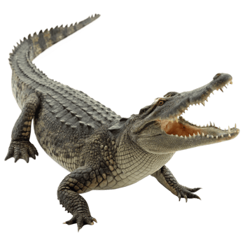 A magnificent crocodile with its jaws wide open showing sharp teeth, powerful legs and scaly skin against a black background png