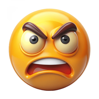 An Angry 3D Rendered Emoticon with Frowning Brows and Open Mouth png