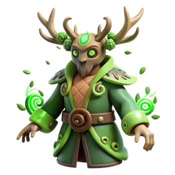 wonderful minimalist A powerful druid with antlers and glowing green eyes, surrounded by swirling leaves, forest lighting, nature-inspired style high quality png