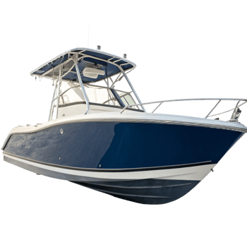 Sleek Blue and White Sport Fishing Boat on Black Background png