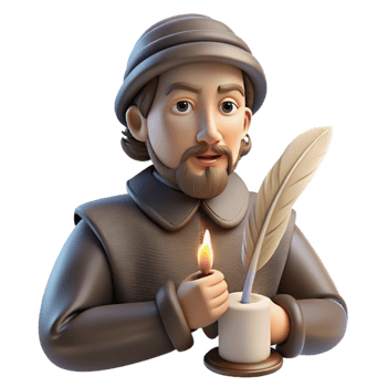 beautiful vintage Portrait of a writer deep in thought, holding a quill, candlelit, Renaissance style high quality png