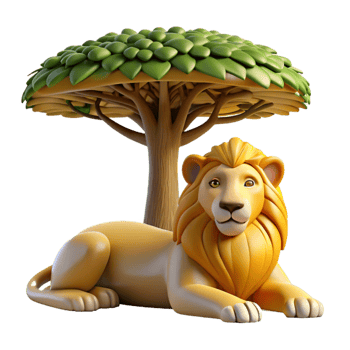 elegant vintage A majestic lion resting in the shade of a baobab tree, the golden light of late afternoon illuminating its mane, rendered in a realistic, National Geographic style authentic png