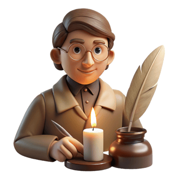 impressive creative Portrait of a pensive writer with spectacles and a quill pen, illuminated by the warm glow of a candle, in a vintage, sepia-toned style high resolution png