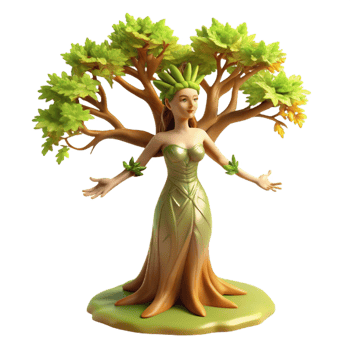 beautiful modern A graceful dryad emerging from an ancient oak tree, dappled sunlight filtering through the leaves, in a soft, dreamlike style high resolution png