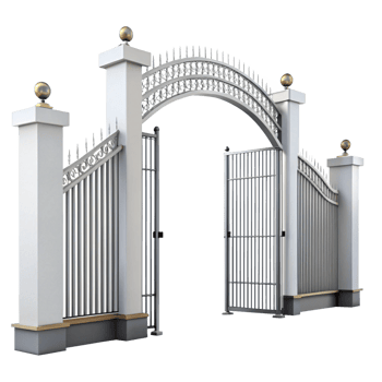 Elegant White and Silver Arching Gate Entrance with Ornate Details png