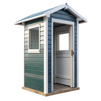 Charming Teal and White Outdoor Storage Shed with Wooden Base png