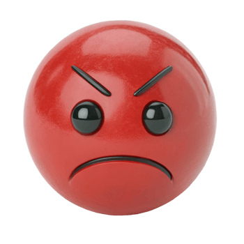 3D Render of an Angry Red Emoticon Sphere with Frowning Face and Dark Eyebrows png