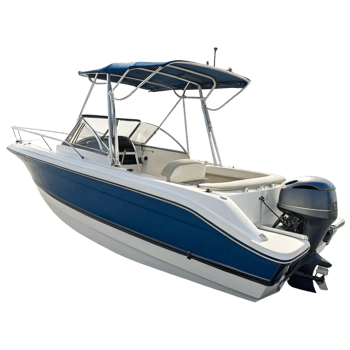 Luxury Blue and White Motor Boat with TTop and Outboard Motor png