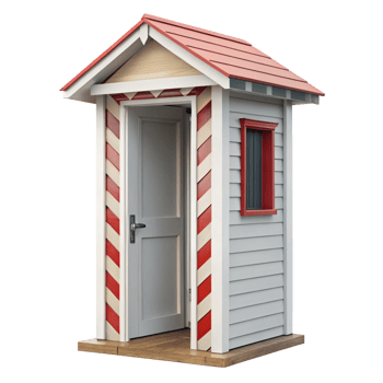 Charming Small Red Roofed Beach House Exterior with Candy Cane Stripes png