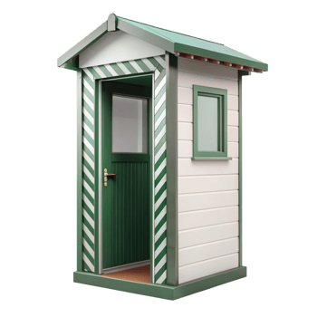 Exterior view of a small green and white striped guard booth or security kiosk png