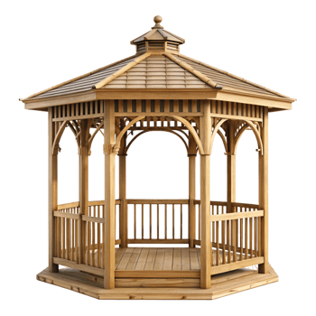 Elegant Octagonal Wooden Gazebo with Shingle Roof and Railing for Garden or Backyard png