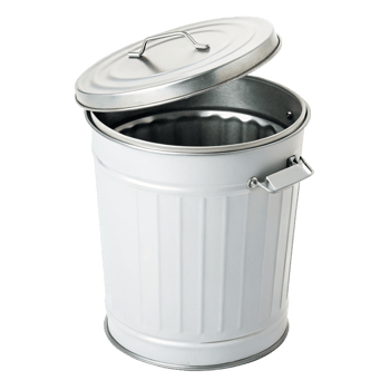 A white metal trash can with a lid slightly ajar, showing its ribbed texture and metallic interior png