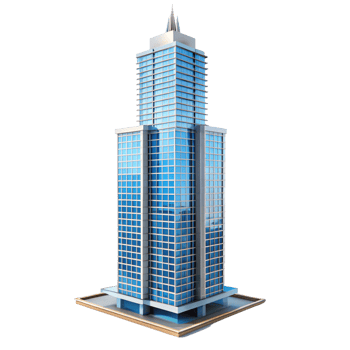 Modern City Skyscraper Building with Blue Glass Windows and Pointed Top png