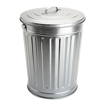 A detailed close up of a galvanized steel trash can with a lid and handle png